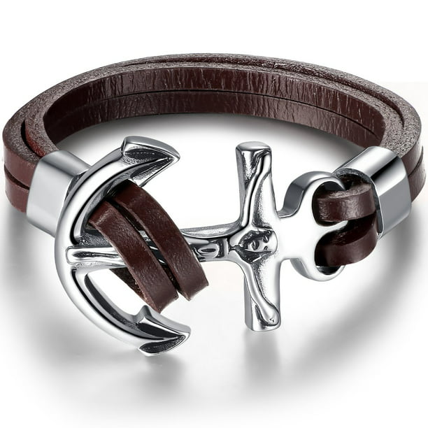 Men's Stainless Steel Jesus Christ Crucifixion Anchor Brown Leather Bracelet